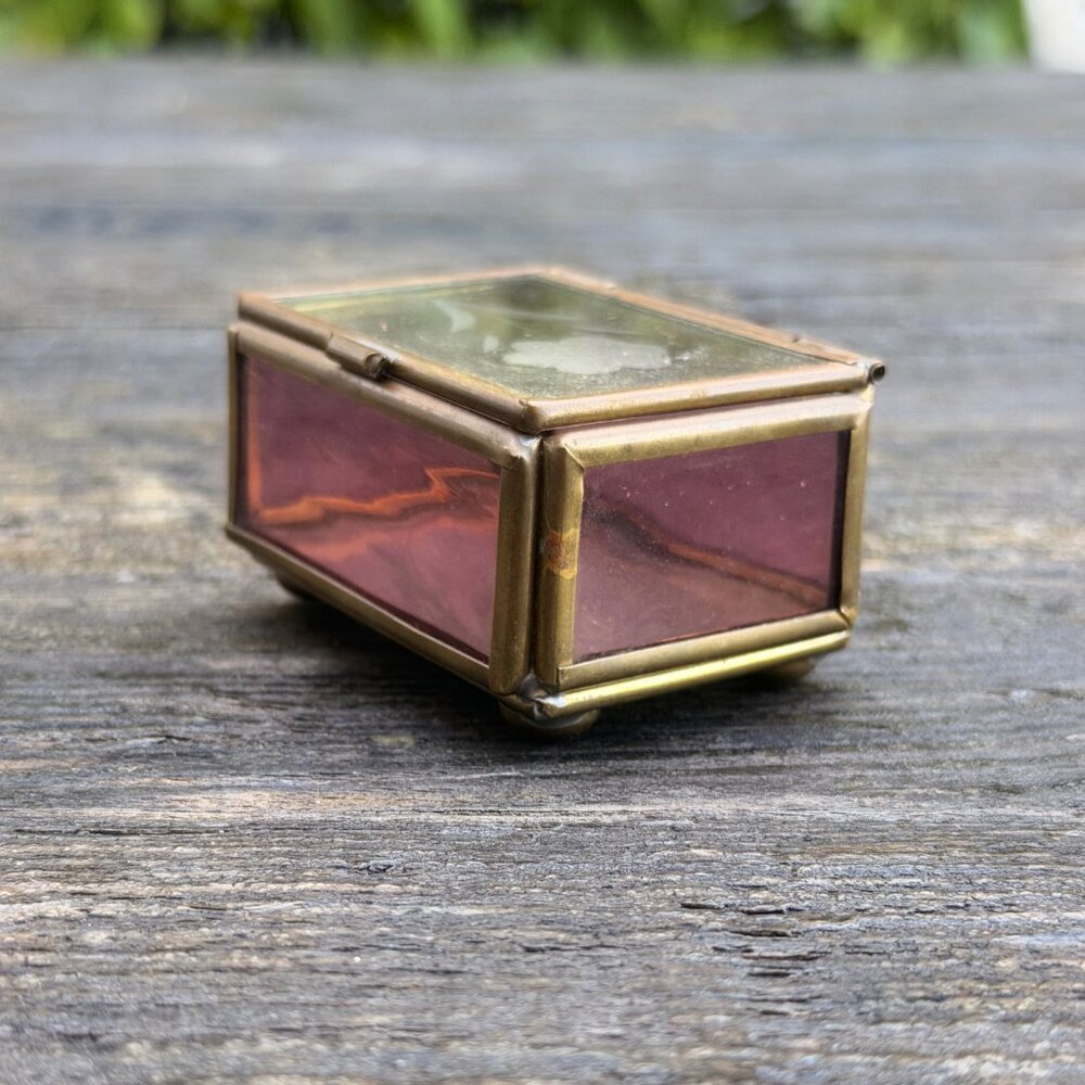 Vintage Via Vermont Etched Flower Pink Lavender Glass Brass Mirror Trinket Box - Picture 7 of 11